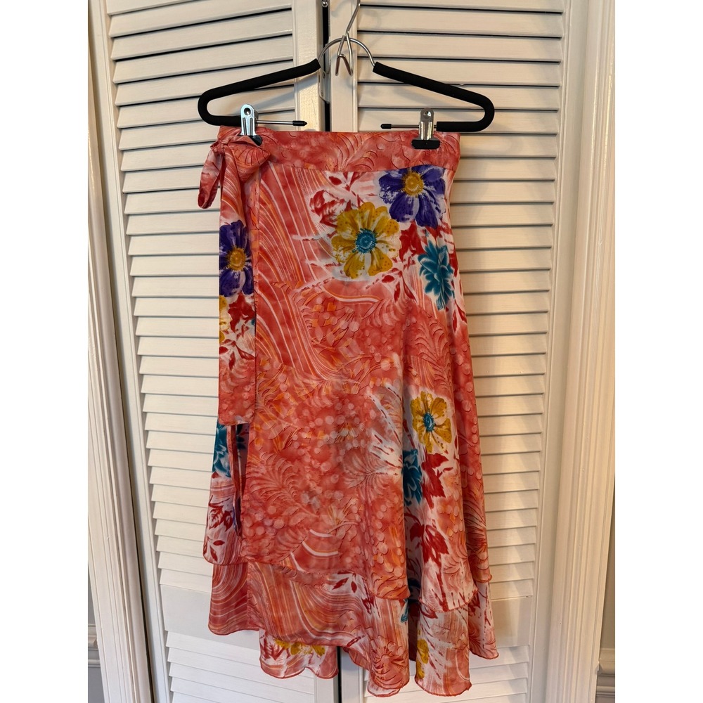 Wrap In Silk Blend Wrap Skirt Boho Floral Coral Pink Yellow Blue M